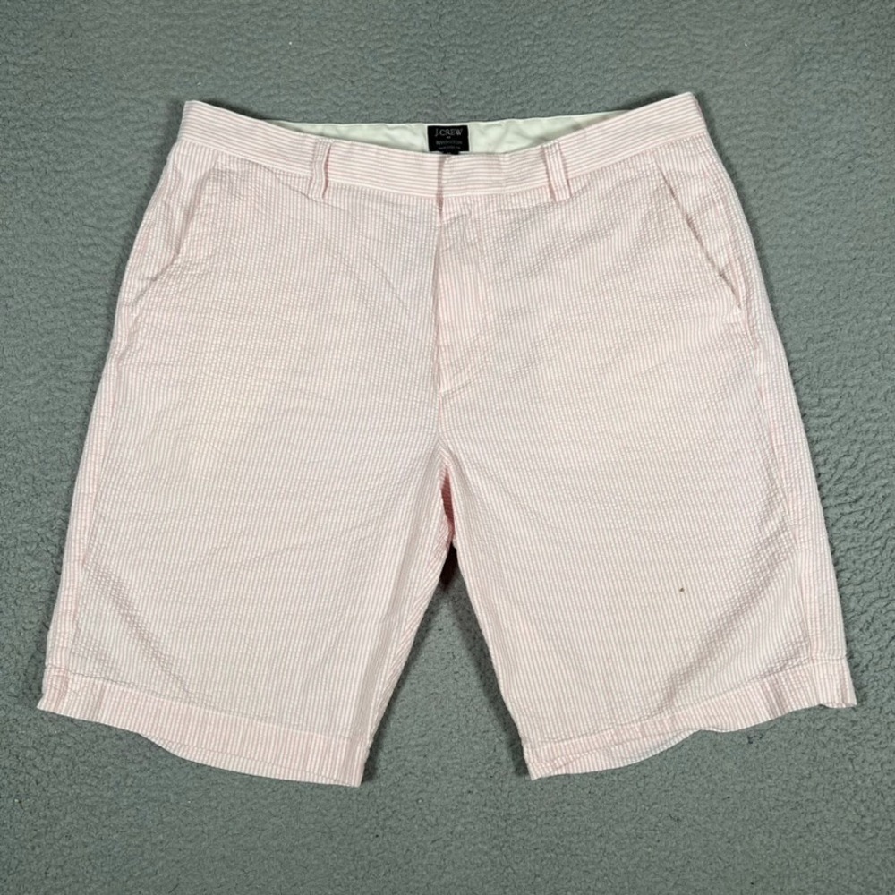 J Crew Shorts Mens 36 Pink Striped Seersucker 10" Bermuda Golf Casual Preppy‎